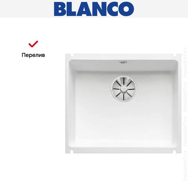 Мойка Blanco SUBLINE 500-U керамика отводная арматура InFino® глянцевый белый (фото 5) Мойка Blanco SUBLINE 500-U керамика отводная арматура InFino® глянцевый белый (preview 5)
